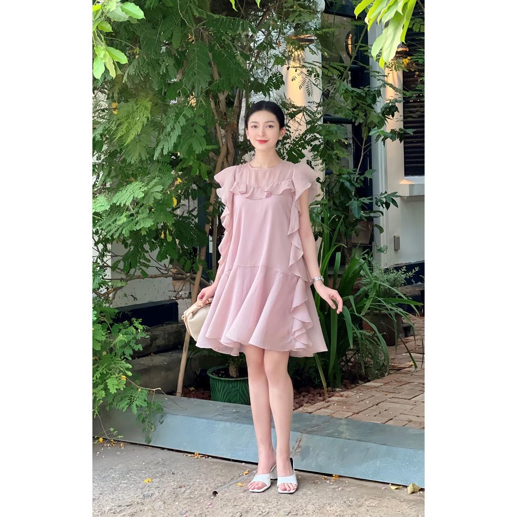SHEAZ Đầm tiểu thư dạo phố tơ hồng phấn dáng xòe babydoll tay ngắn dáng suông mini ngang gối
