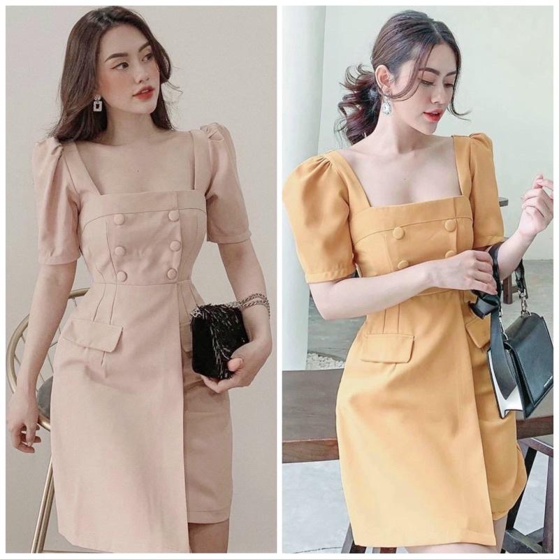 Đầm suông thời trang công sở form dáng chuẩn, dễ mặc dạo phố, đi làm hay du lịch đẹp Đầm cổ vuông nút bọc 2 màu