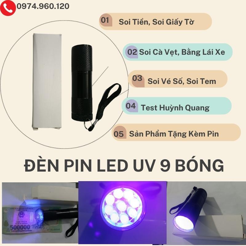 Đèn Soi Tiền Gi.ả Led U.V 9 Bóng Đèn Pin U.V Mini, Có Tia Cực Tím LED 9 Bóng Dùng Sấy Keo, Soi Tiền, Giấy Tờ