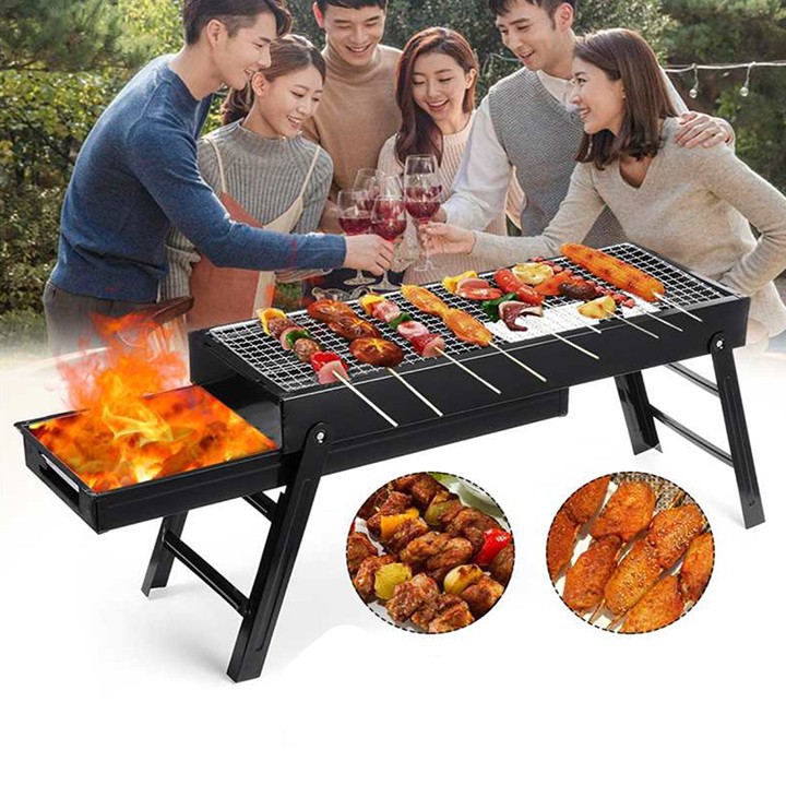 Bếp nướng than hoa ngoài trời 2 tầng dài, bếp nướng bbq gấp gọn tiện lợi mang du lịch dã ngoại lưới nướng inox | TP013