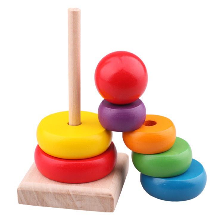 Đồ chơi tháp xếp chồng gỗ 7 sắc cầu vồng, đồ chơi gỗ phát triển trí tuệ LONG THÀNH CÁ CẢNH
