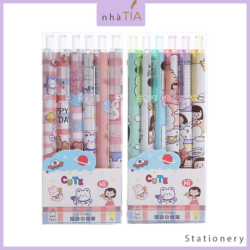 Set 06 bút gel bấm mực đen hoạt hình cute 0.5mm