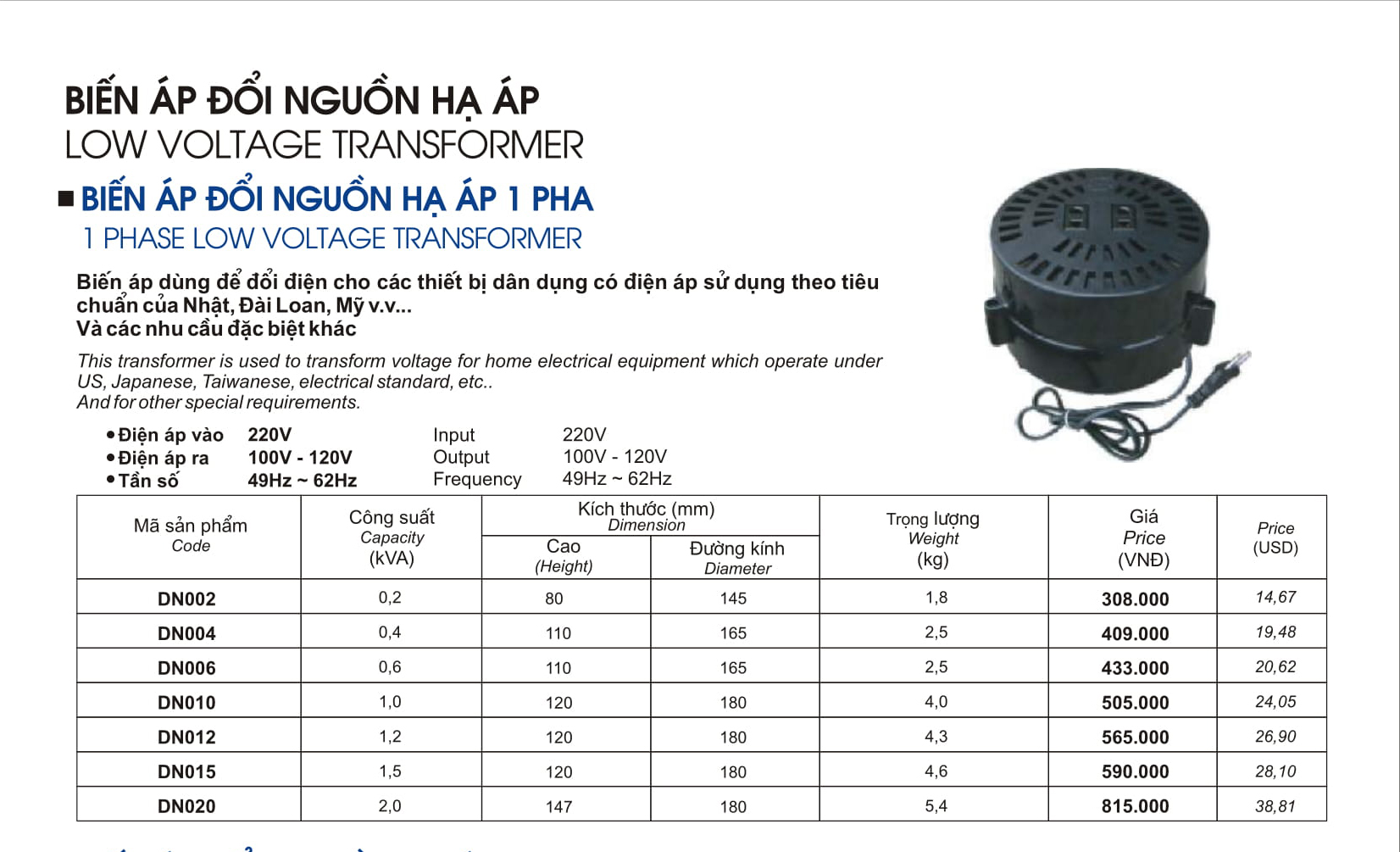 Biến áp đổi nguồn hạ áp 1 pha LIOA 1,2KVA vào 220v ra 100-120v