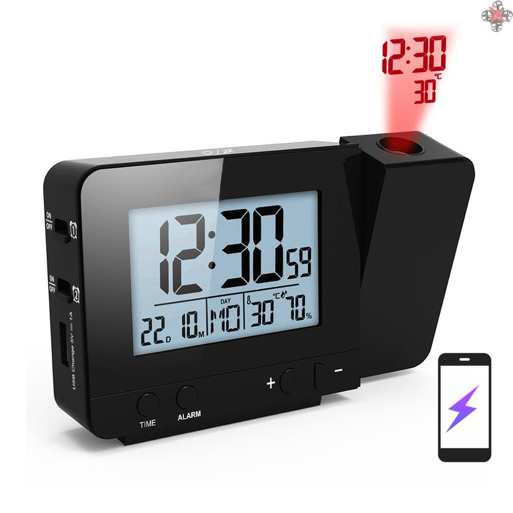 Projection Alarm Clock for Bedroom with Thermometer Hygrometer Digital Project Ceiling Clock Dimmable LED Display with USB Charger 180°Rotable with Dual Alarms 12/24H Snooze