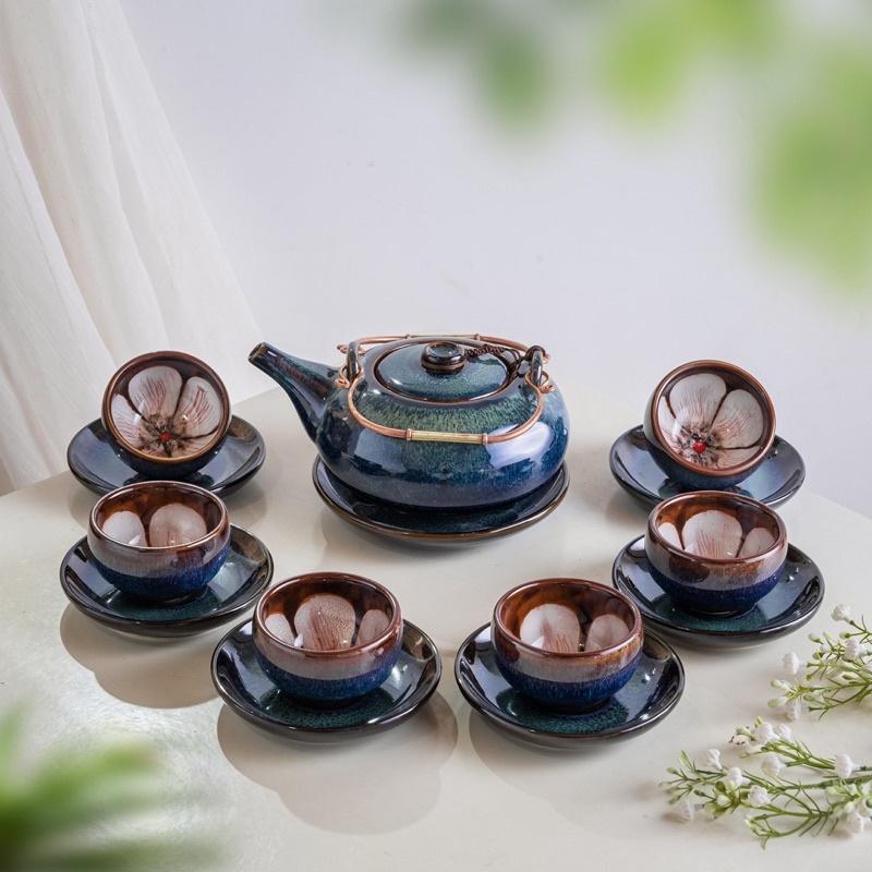 Bộ ấm chén lòng hoa, men hỏa biến. Gốm sứ Bát Tràng.