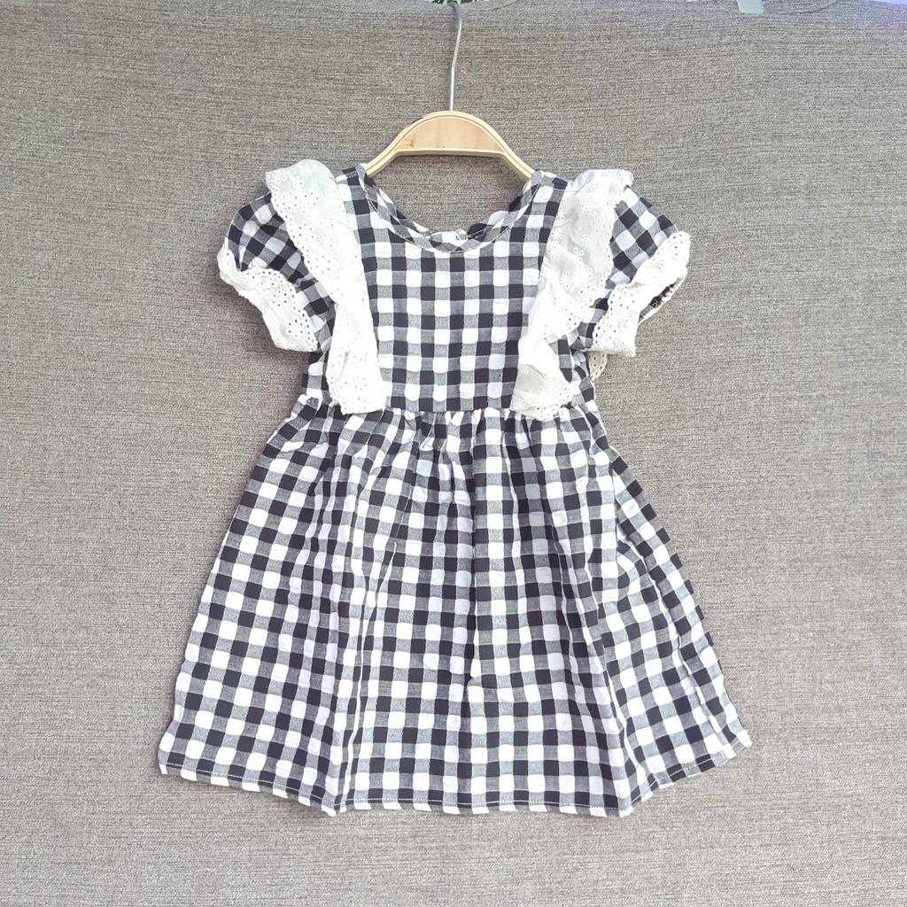 Váy hè cho bé gái 1-12 tuổi cộc tay hàng thiết kẻ caro cổ phối ren, Đầm babydoll trẻ em thoáng mát
