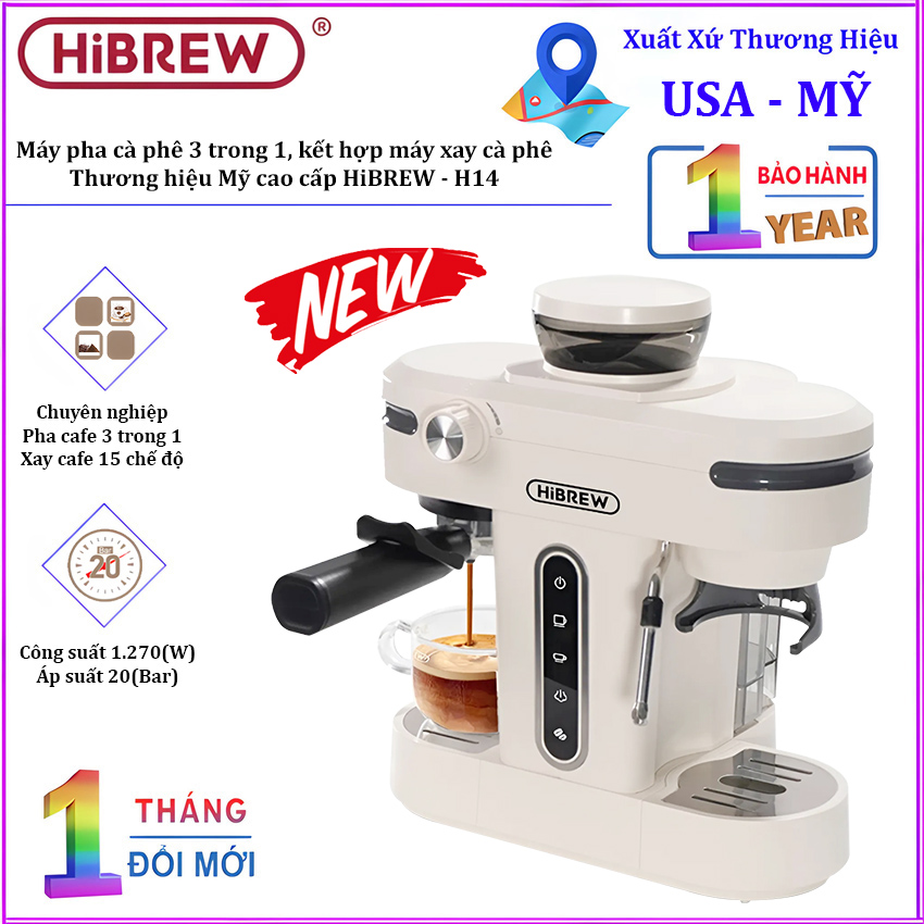 Máy pha cà phê bán tự động 3 trong 1 Espresso, Cappuccino, Latte. Kết hợp máy xay cà phê 15 chế độ. Thương hiệu Mỹ cao cấp HiBREW. HÀNG CHÍNH HÃNG