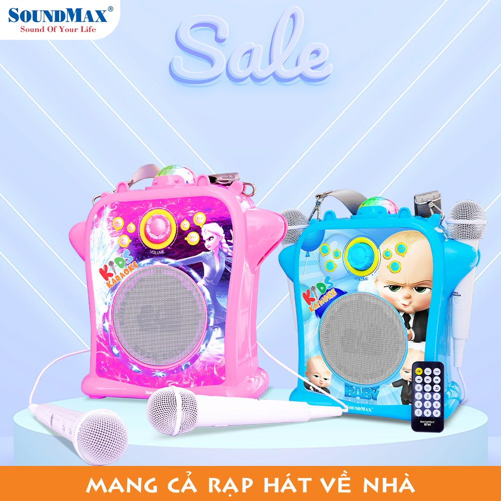 Loa SoundMax Bluetooth KIDS | Loa karaoke trẻ em SoundMax Kids | Loa quà tặng trẻ em | Công suất 20W Hỗ trợ Bluetooth USB karaoke AUX in out Đèn LED RGB Tặng 2 micro có dây - Hàng Chính Hãng