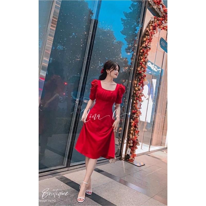 Đầm xếp ly ngực tay phồng