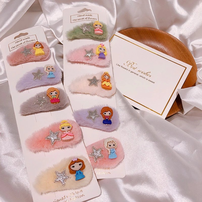 Set 5 Kẹp Tóc Mái Lông Nhân Tạo Hình Công Chúa Dễ Thương