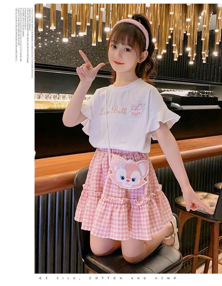 DONGSHOP Cô gái ăn mặc mùa hè phong cách phương Tây 2022 trẻ em Hàn Quốc mùa hè lưới đỏ kẻ sọc ngắn tay áo hai mảnh váy
