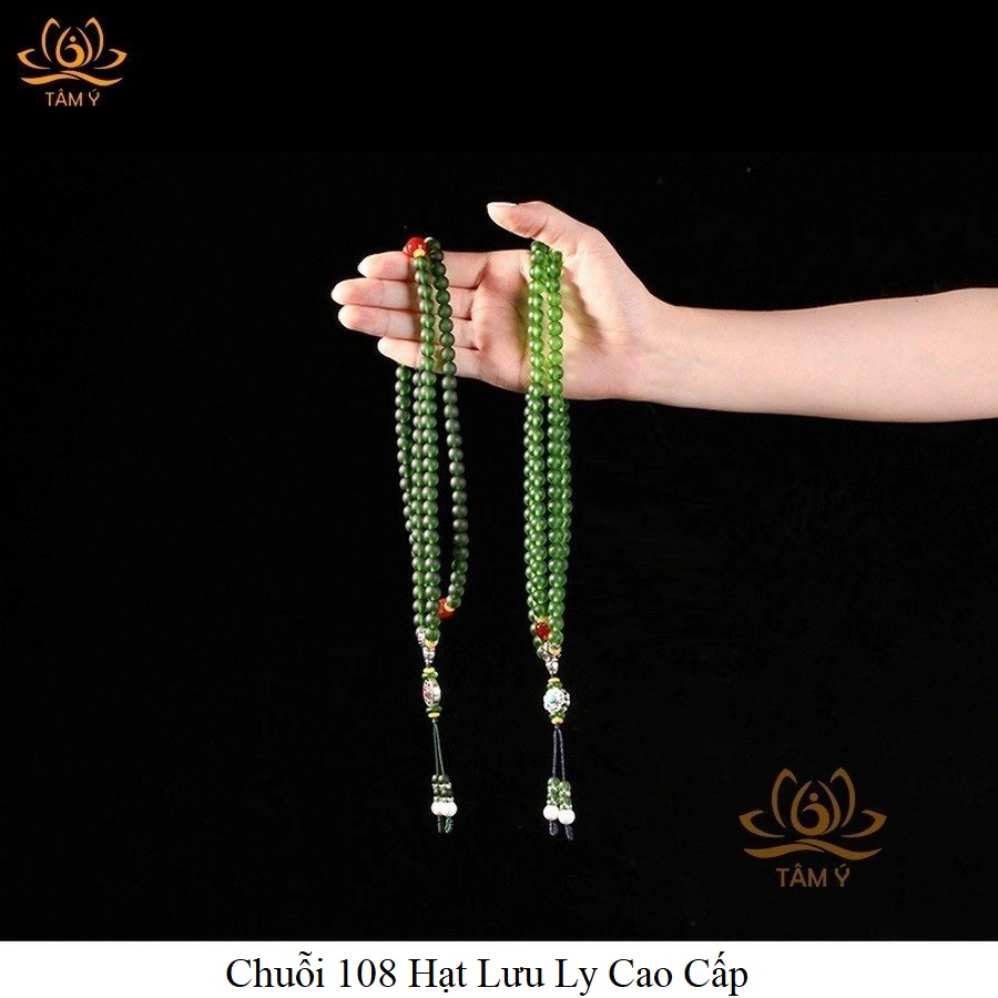 Chuỗi 108 Hạt Lưu Ly Cao Cấp Đặc Biệt Màu Xanh Lục , Xanh Tara Lục Độ Mẫu Pháp Bảo Kim Cang Thừa Mật Tông Tâm Ý