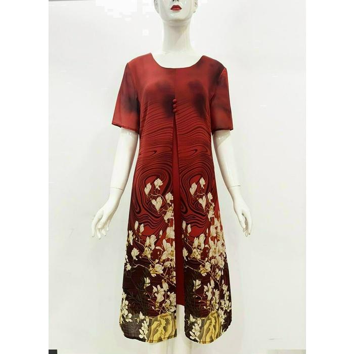 Đầm suông cho mẹ trung niên , đầm trung niên kiểu dáng xẻ tà in hoa sang trọng lịch sự cho mẹ đi tiệc