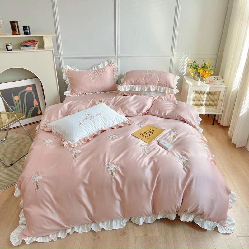 Bộ Chăn Ga Gối Phi Lụa Hoa Cúc Thêu Chăn 4 Món Nhập Khẩu Đủ Bẩy Màu Đơn Sắc Siêu Xịn