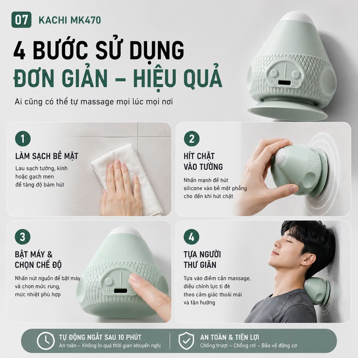 Máy Massage Cổ Vai Gáy Hít Tường Kachi MK470 - Bóng massage huyệt đạo lưng vai - hàng chính hãng
