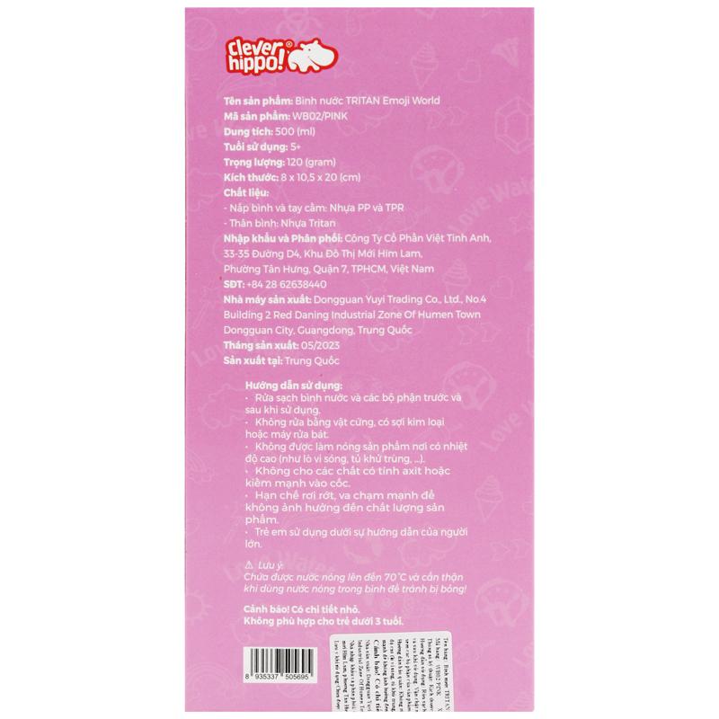 Bình Nước Tritan Emoji World 500 ml - Clever Hippo WB02/PINK - Màu Hồng