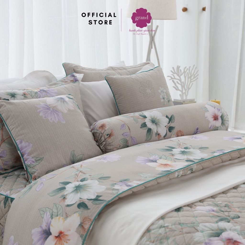 Vỏ gối ôm 100% cotton thiên nhiên Hàn Quốc by GRAND, kích thước 33x100, họa tiết hoa trang nhã, hiện đại