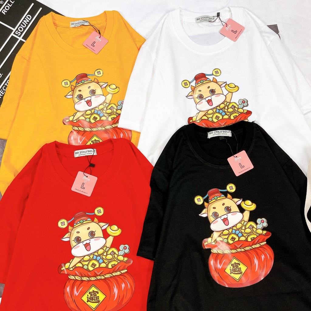 ÁO THUN TAY NGẮN TRÂU TẾT 2021 ÔM TÚI TIỀN NAM NỮ SIZE M L XL