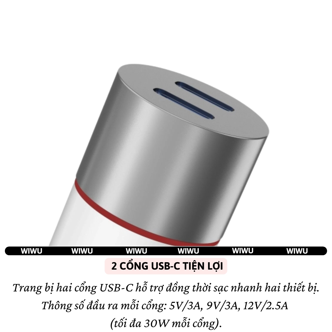 Tẩu củ sạc nhanh xe hơi ô tô PD 60W 2 Type-C USB-A QC3.0 hiệu WIWU Mars cho iphone 16 15 14 13 12 iPad Vivo Oppo samsung Macbook - hàng nhập khẩu