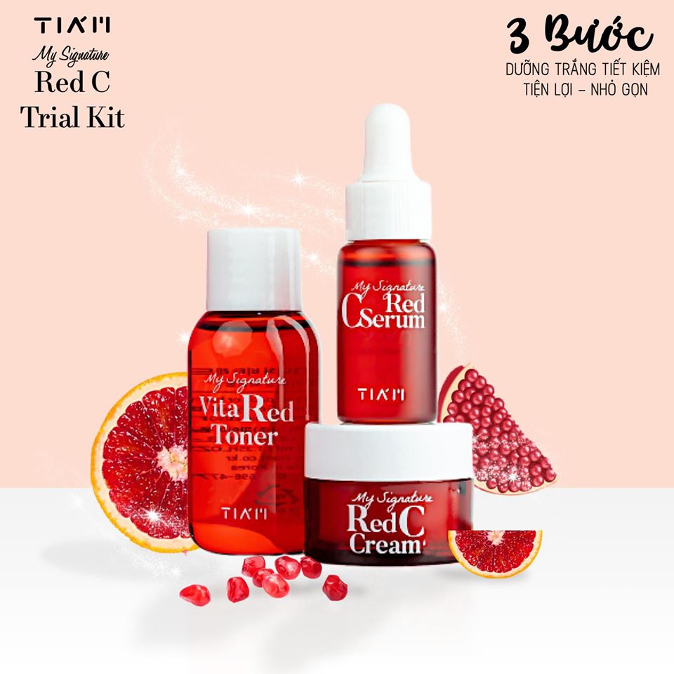 Mini Set dưỡng trắng da, làm mờ thâm, đều màu da TIAM My Signature Red C Toner 40ml+ Serum 12ml + Cream 15ml Tặng 1 mask dưỡng ẩm săn chắc da Foodaholic Vitamin E phù hợp cho làn da nhạy cảm, tiện lợi khi du lịch và thường xuyên công tác