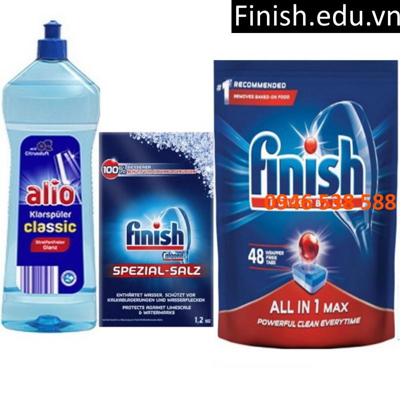 Combo viên rửa chén finish 48 viên + muối Somat 1.2kg + Nước làm bóng alio 1 lít dùng cho máy rửa bát