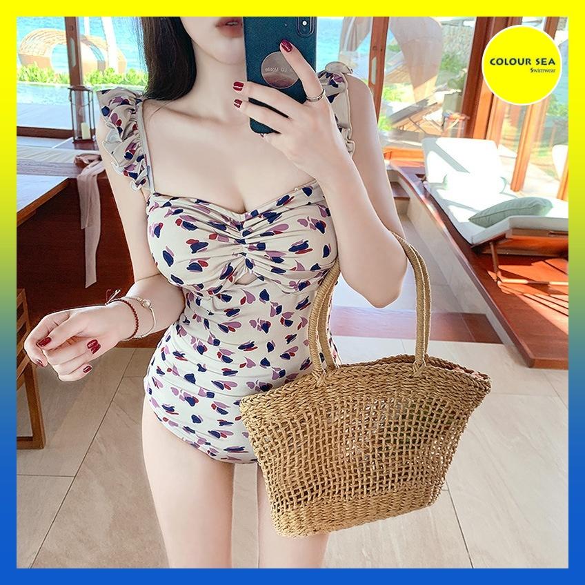 Bikini 1 mảnh họa tiết hoa nhí bèo vai style Hàn Quốc (có video)
