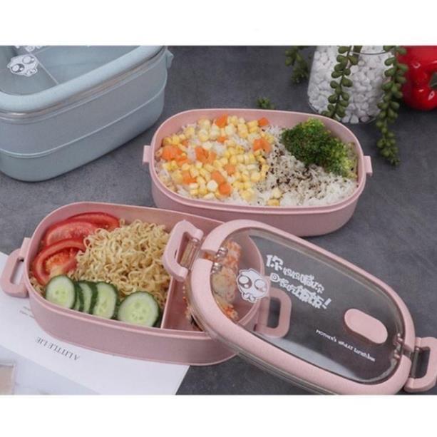 Hộp cơm lúa mạch 2 tầng có quai xách