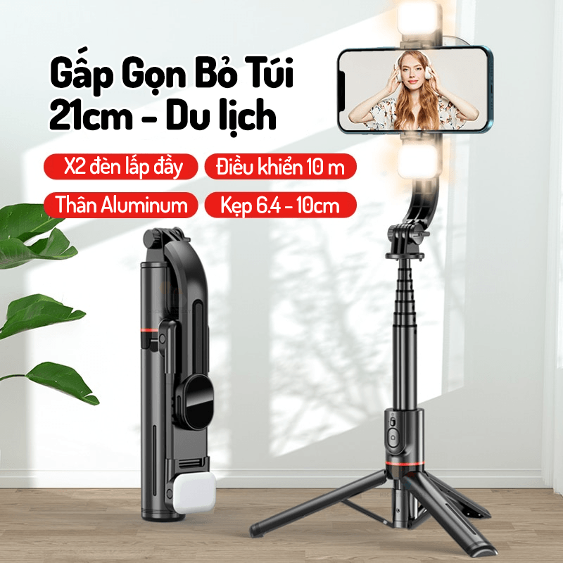 Gậy chụp ảnh 3 chân có đèn, có điều khiển từ xa, selfie tự sướng 110cm HighTechGate LONG 12 phiên bản nhỏ gọn, du lịch cầm tay, Hàng Chính Hãng