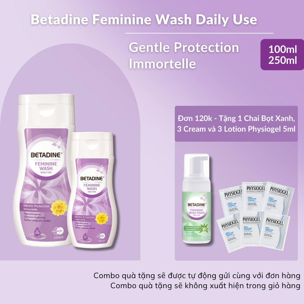 Combo 2 chai dung dịch vệ sinh phụ nữ Betadine Gentle Protection Immortelle 100ml &amp; 250ml - 2 DD Tím:100ml&amp;250ml