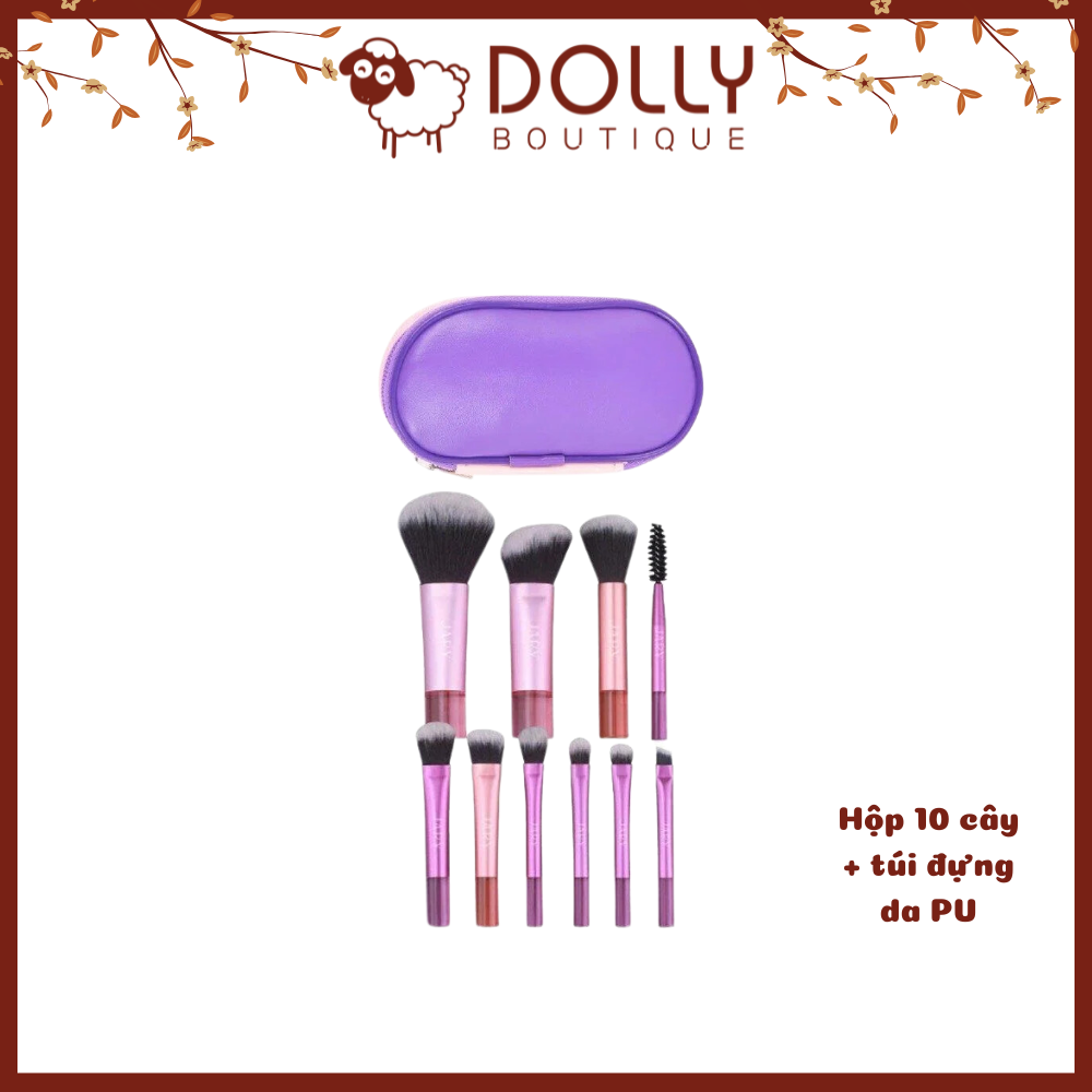 Set 10 Cọ Trang Điểm Jary Makeup Brush - Túi Đựng Da Pu ( Màu Tím Raibown)