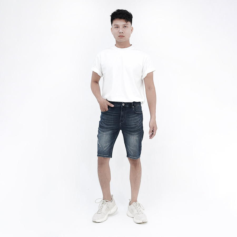 Quần Short Jeans Nam Cao Cấp HUNTER X-RAYS Form Slimfit Thun Mài Sờn Màu Xanh Đậm S36