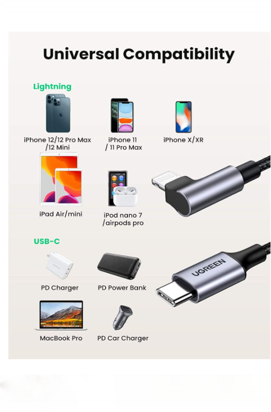 Dây cáp dữ liệu USB type C sang lightning UGREEN US305 - bẻ góc 90 độ - Hàng nhập khẩu chính hãng