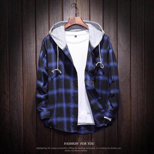 Áo sơ mi caro phối nón - Flannel nón unisex nam nữ phong cách hàn quốc vải dày mịn