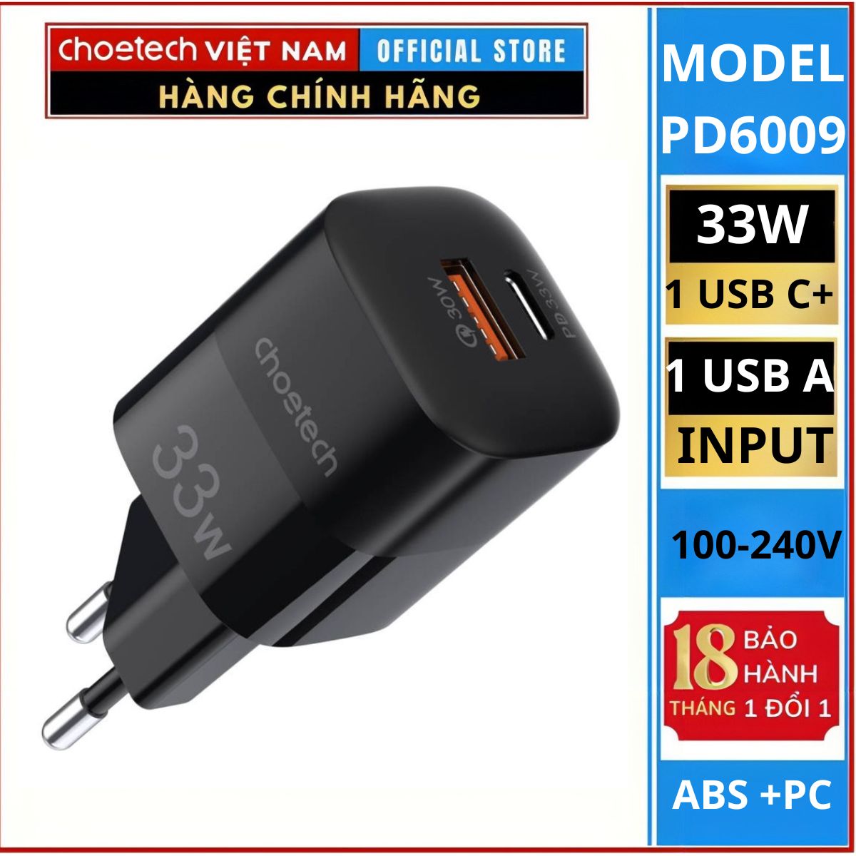 Củ sạc CHOETECH PD5006 nhanh 33w 2 cổng 1 USB A+ 1 TYPE C (Hàng chính hãng)