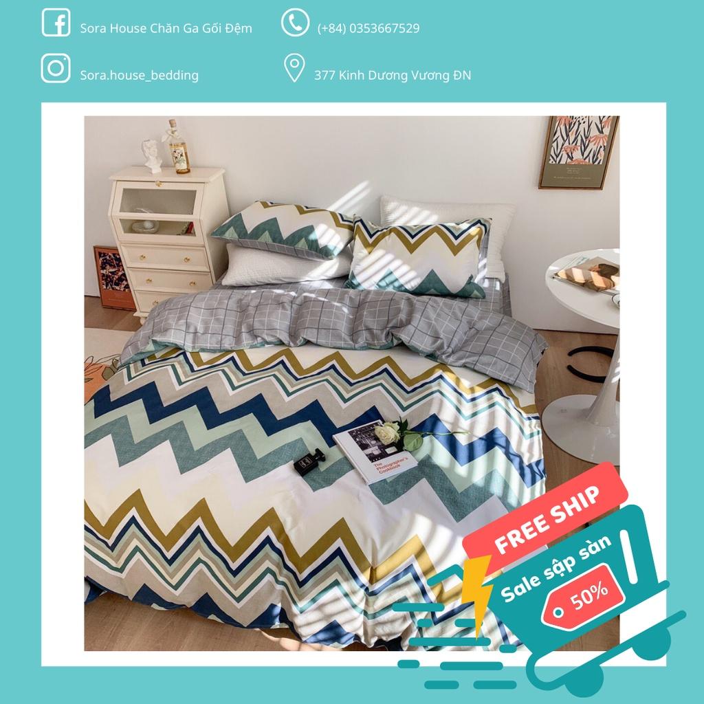 Bộ Chăn Ga Gối Cotton Living Ziczac Xanh Dương