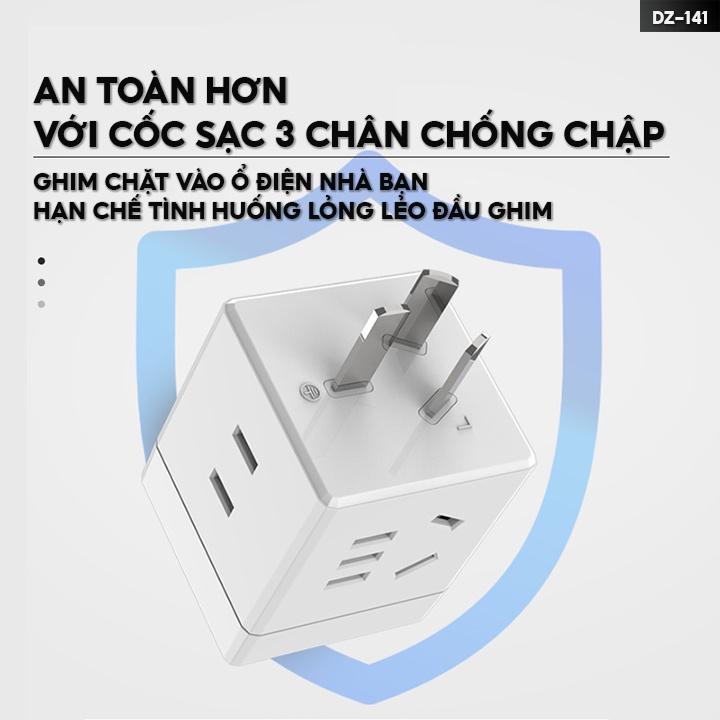 Phích Cắm Vuông Siêu Chịu Tải 1 Chia 3 Công Suất 2500w Kèm Theo Cổng Đầu Ra Usb Tiện Lợi DZ-141