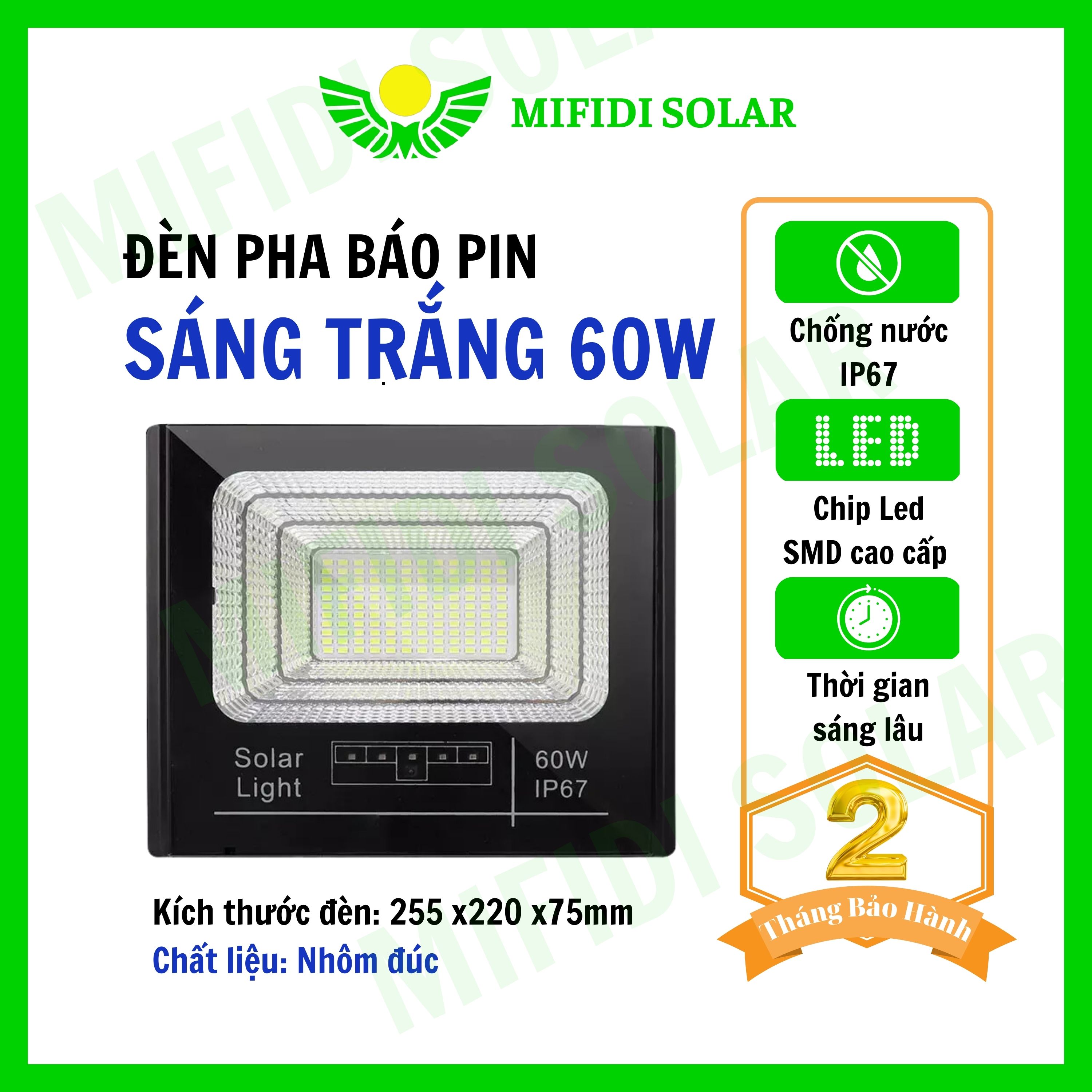 Đèn Năng Lượng Mặt Trời MIFIDI | Đèn Pha Báo Pin 60W ánh sáng trắng trẻ trung LP60
