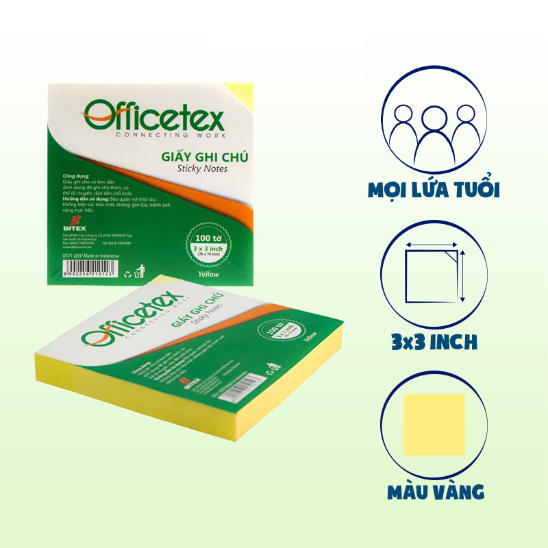 Giấy nhớ Officetex 3x3 OT21-003 màu vàng (Kích thước: 76x76mm)