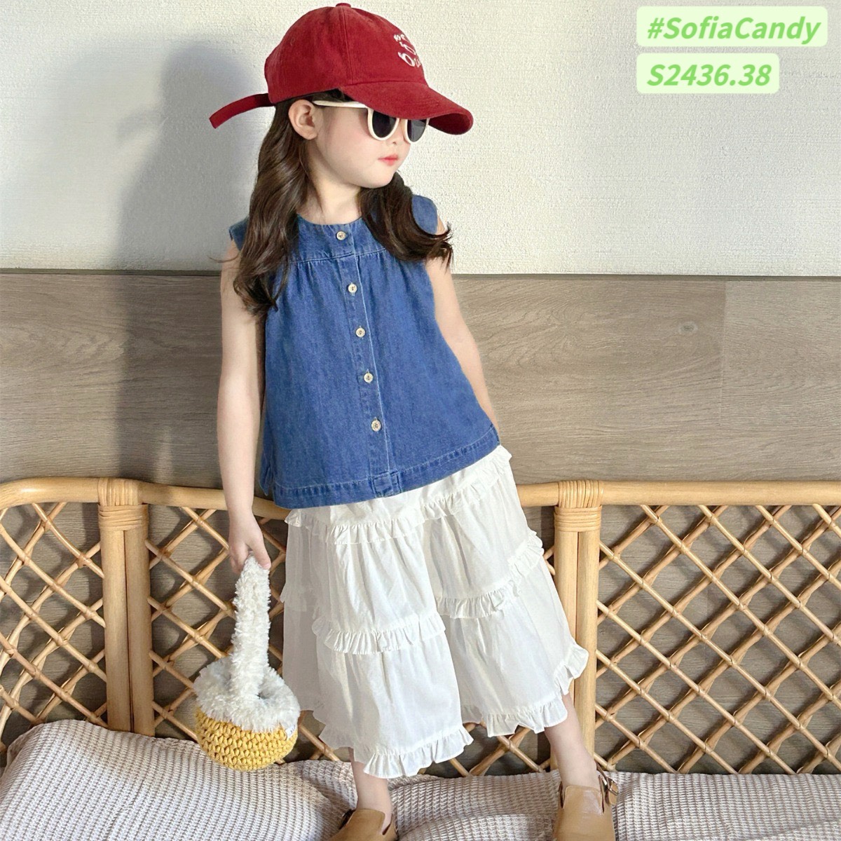 [Từ 1 đến 12 tuổi] Set tiểu thư áo jean xanh mềm + chân váy thô Hàn trắng từ 1 đến 12 tuổi dễ mix đồ vô cùng