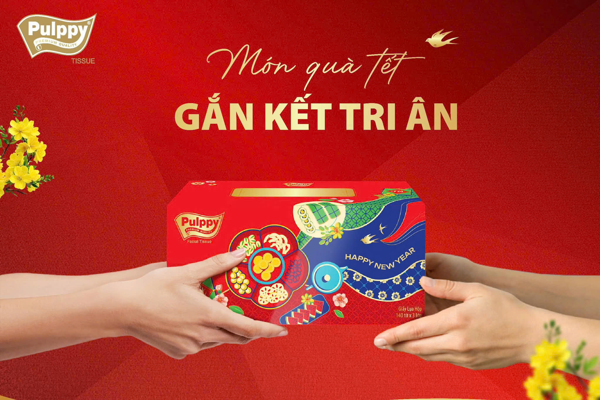 Hộp Khăn Giấy Tết Ất Tỵ 2025 3 Lớp Pulppy Đỏ May Mắn