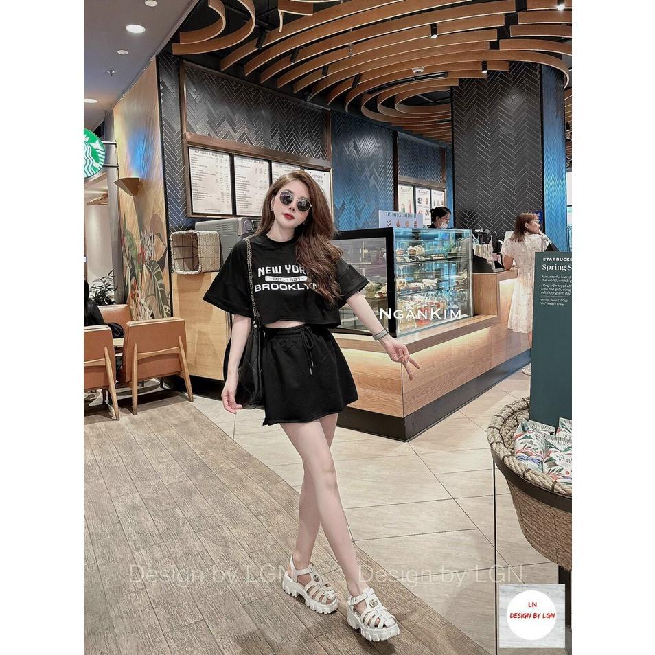 SET ĐI CHƠI, SET 2 MÓN ÁO CROPTOP CỔ TRÒN TAY NGẮN NEW YORK PHỐI CHÂN VÁY CỰC HOT - Pink