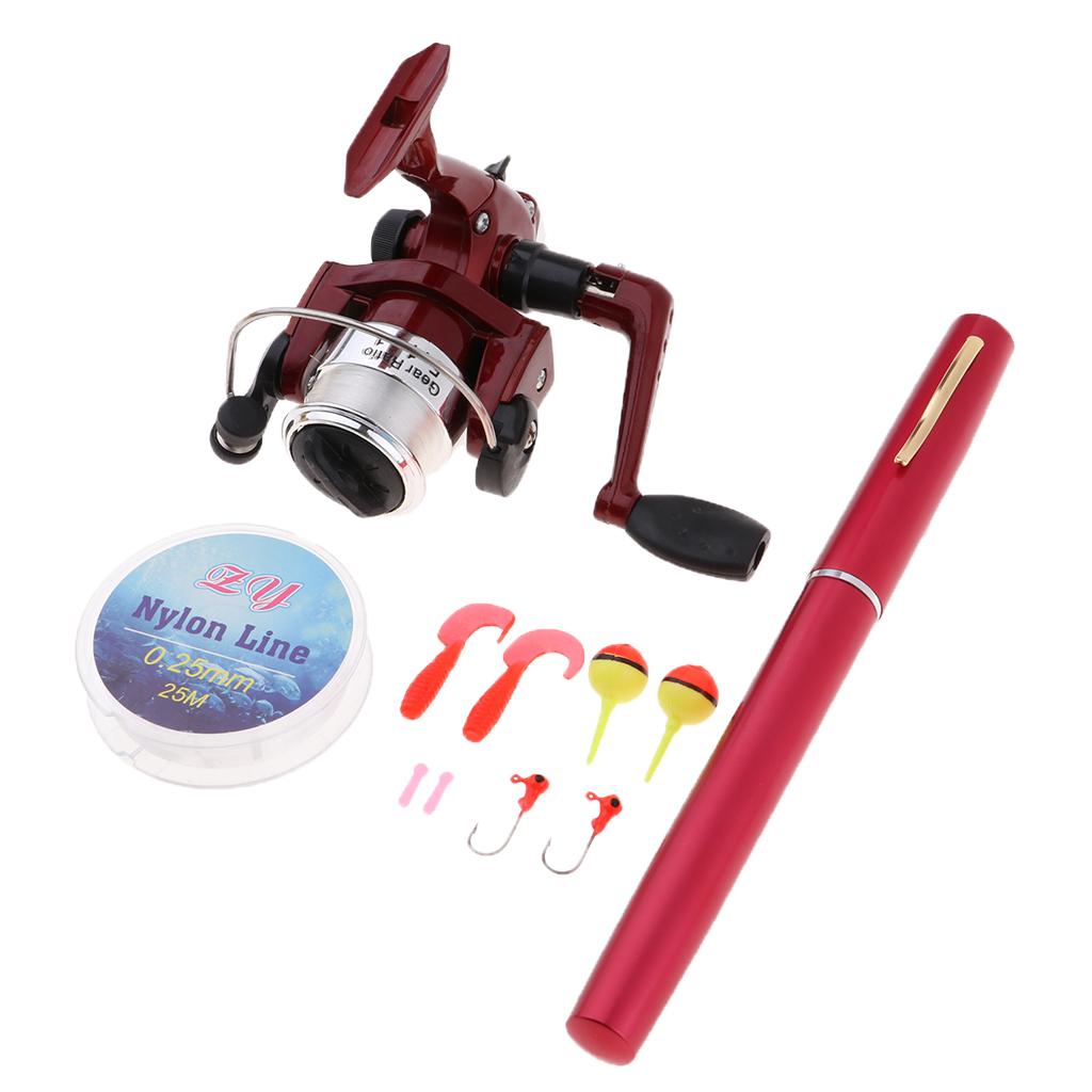 Mini Portable Pocket Fish Pen Shape Metal Fishing Rod Pole Reel Lure Hook