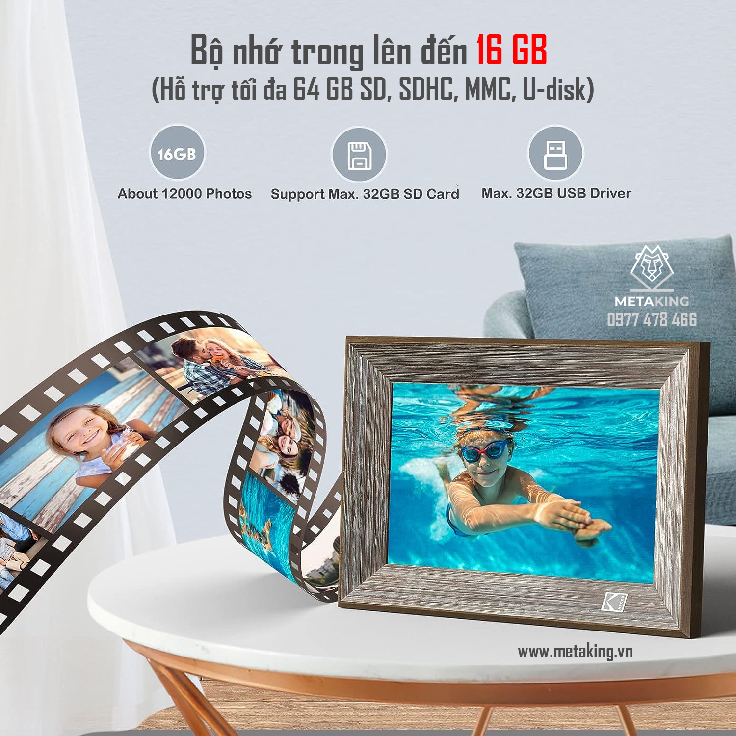 Khung tranh chuyển động kỹ thuật số Wifi Kodak RCF-1013W, màn hình 10 inch, độ phân giải 1280x800 pixels