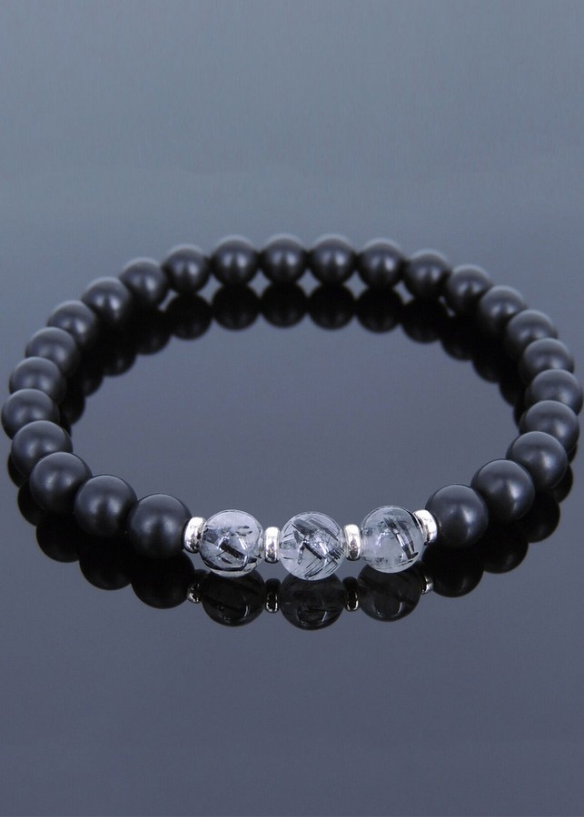 Vòng Tay Nam Đá Onyx Thạch Anh Tóc Đen Tự Nhiên 6mm
