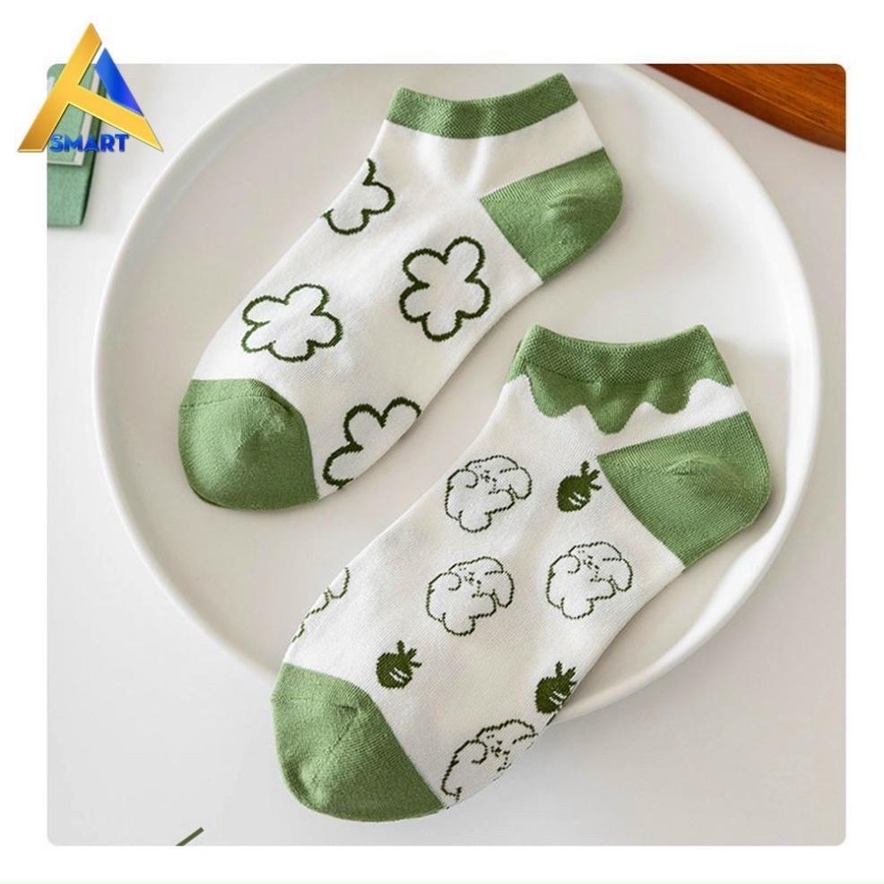 Set 5 đôi tất hoa xanh vải cotton cổ ngắn màu xanh bơ dễ thương xinh xắn