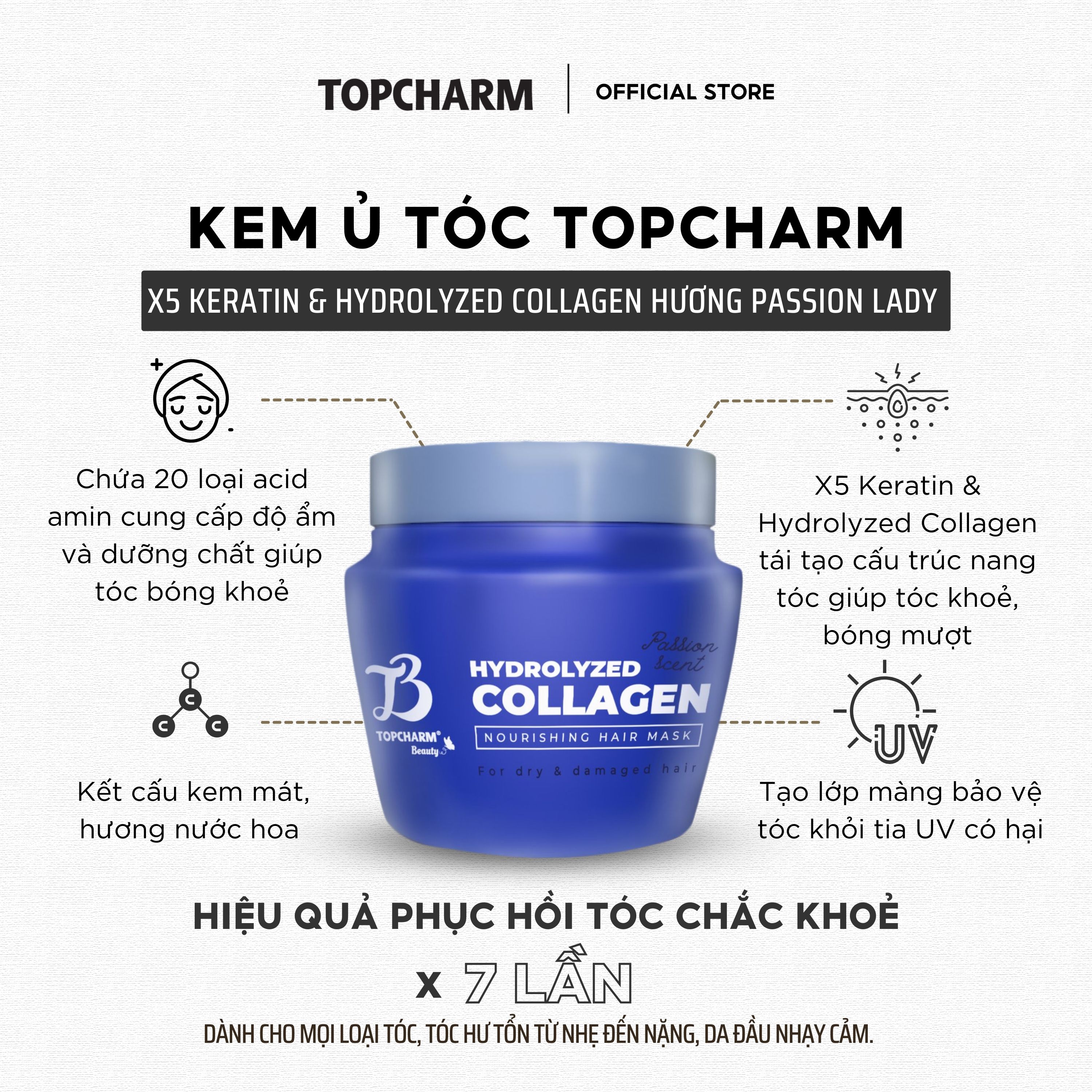 Kem Ủ Tóc Hydrolyzed Collagen TOPCHARM Giảm Gãy Rụng, Suôn Mượt Tóc Hũ 1000ml