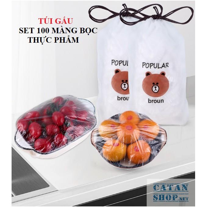 Set 100 màng bọc thực phẩm túi gấu Màng bọc thực phẩm PE có chun bọc đồ ăn co giãn tái sử dụng nhiều lần.