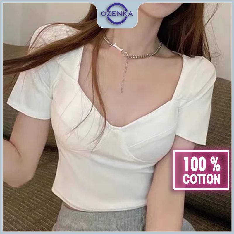 Áo croptop nữ ôm body cổ vuông tay ngắn Ozenka , áo crt kiểu thun cotton màu đen trắng dưới 55 kg mặc đi chơi