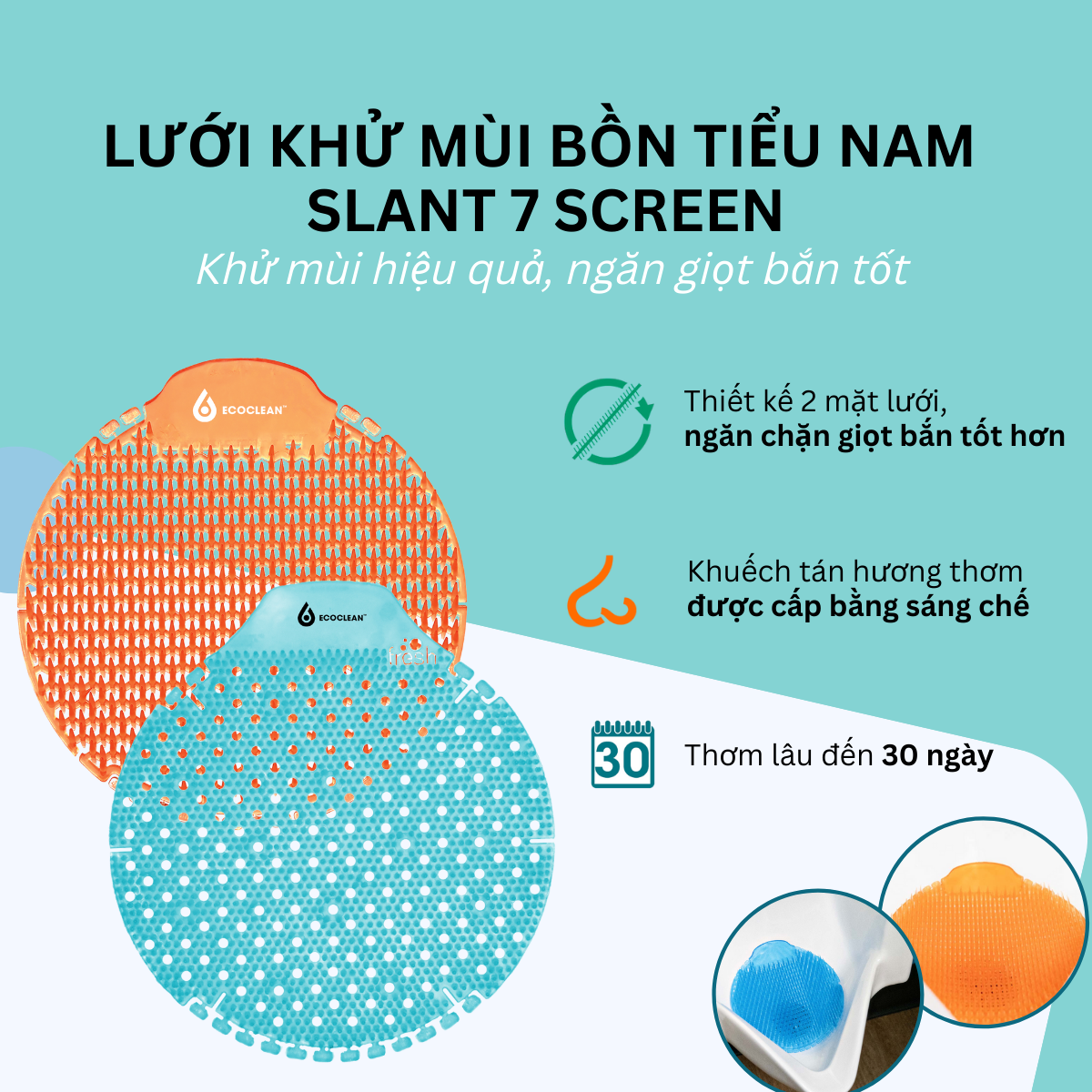 Lưới Thơm Khử Mùi Bồn Tiểu, Khử Mùi WC - EcoClean Slant Wave 6 - Khử Mùi Hôi, Chống Giọt Bắn