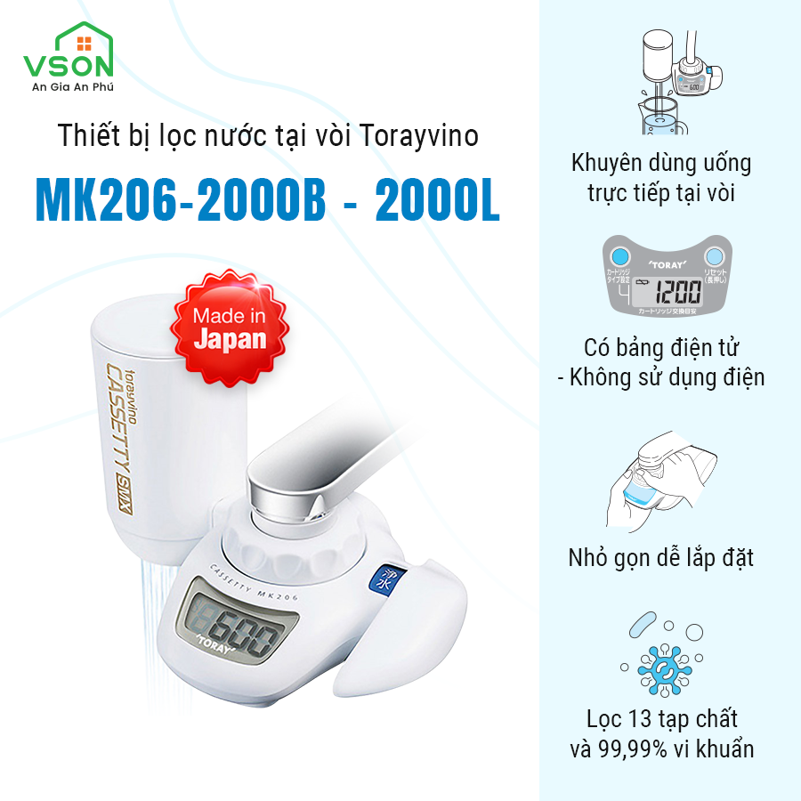 Máy lọc nước tại vòi Nhật Bản Torayvino MK206-2000B - Uống trực tiếp tại vòi - 2000L - Hàng chính hãng